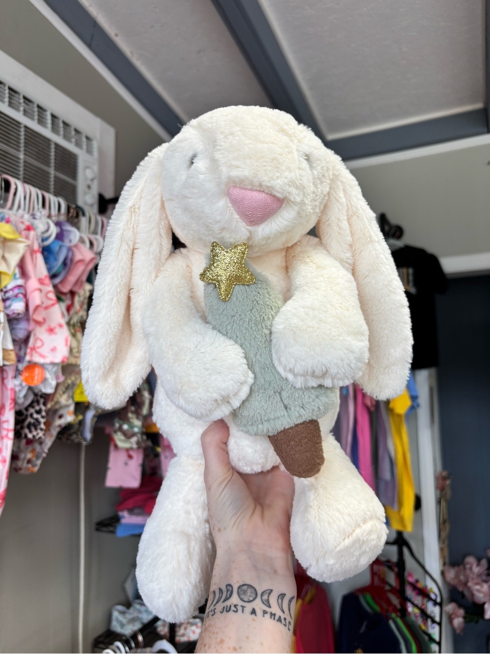 Jellycat large bashful bunny holding Christmas tree